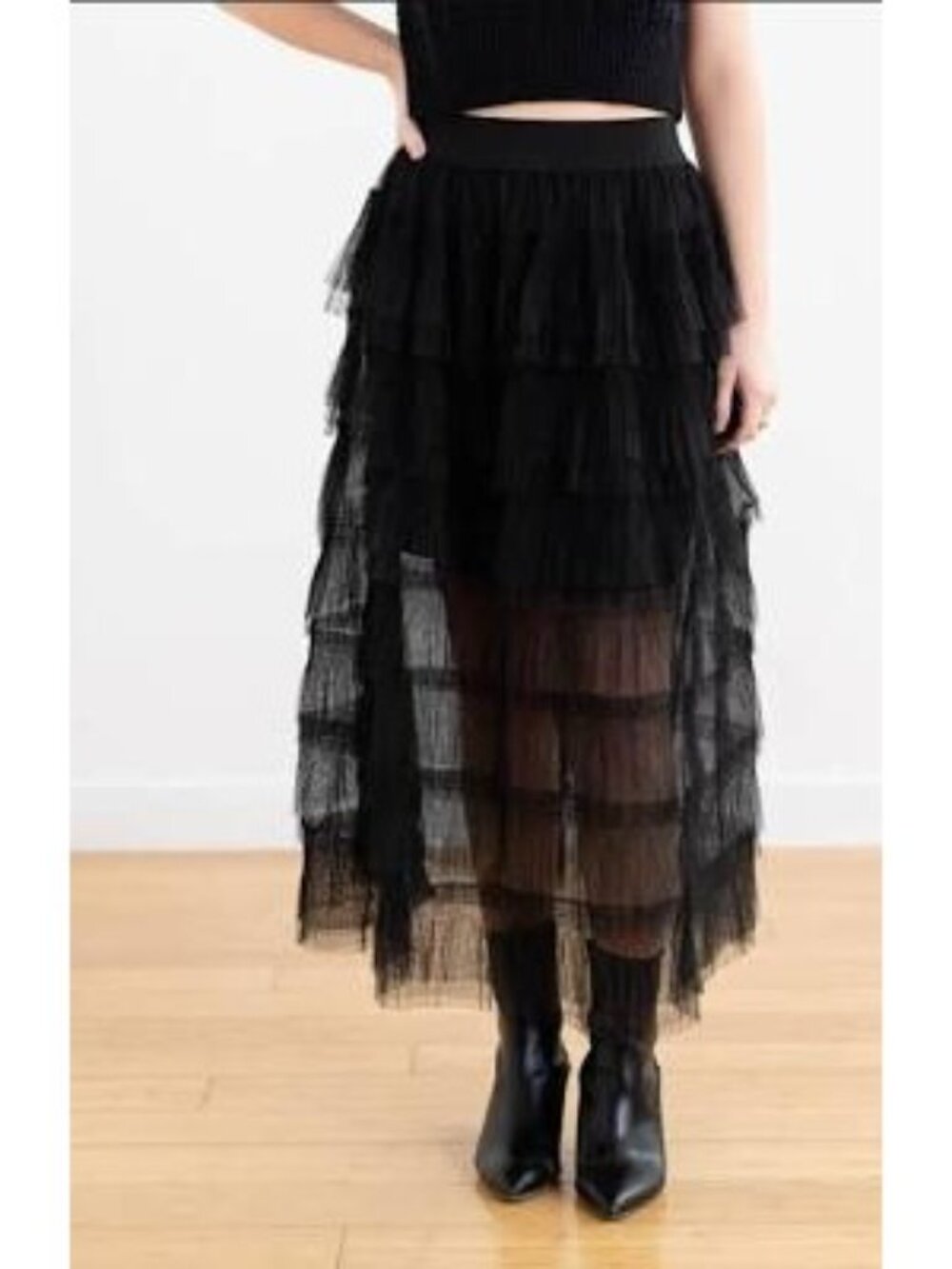 Elan Women’s Black Layered Tulle Midi Skirt Size L